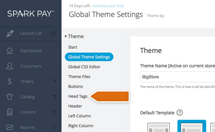Accessing the Head tags section in Spark Pay Accessing the Head tags section in Spark Pay