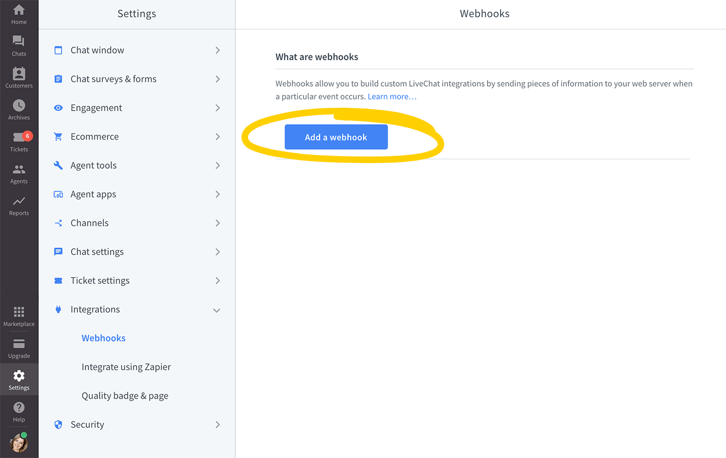 Add a webhook in LiveChat