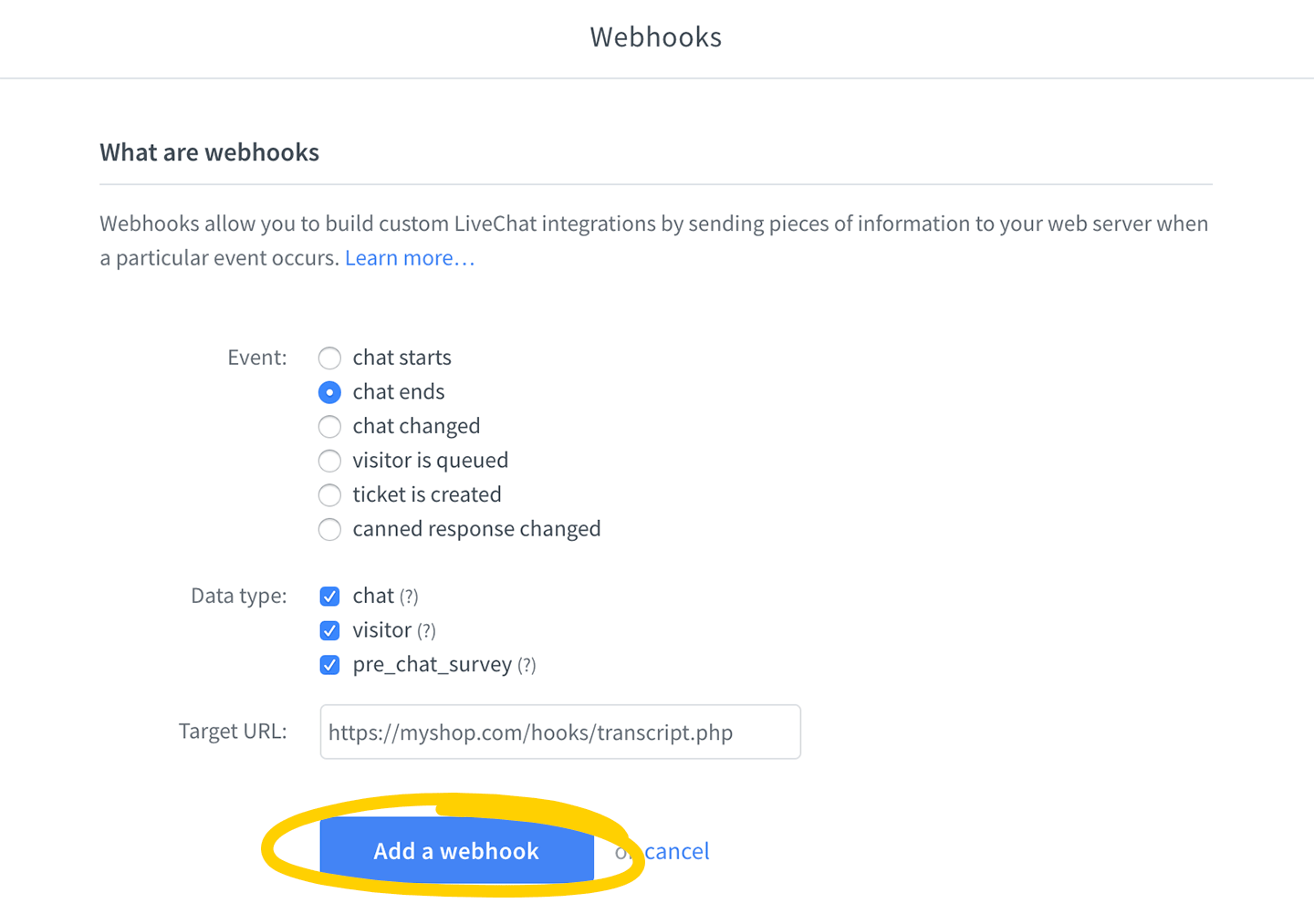 Create a webhook in LiveChat