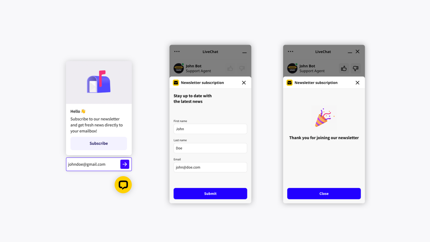 Three stages of the Mailchimp subscription campaign. The campaign, the subscription form and the confirmation panel, with the caption 'Thank you for joining our newsletter'.