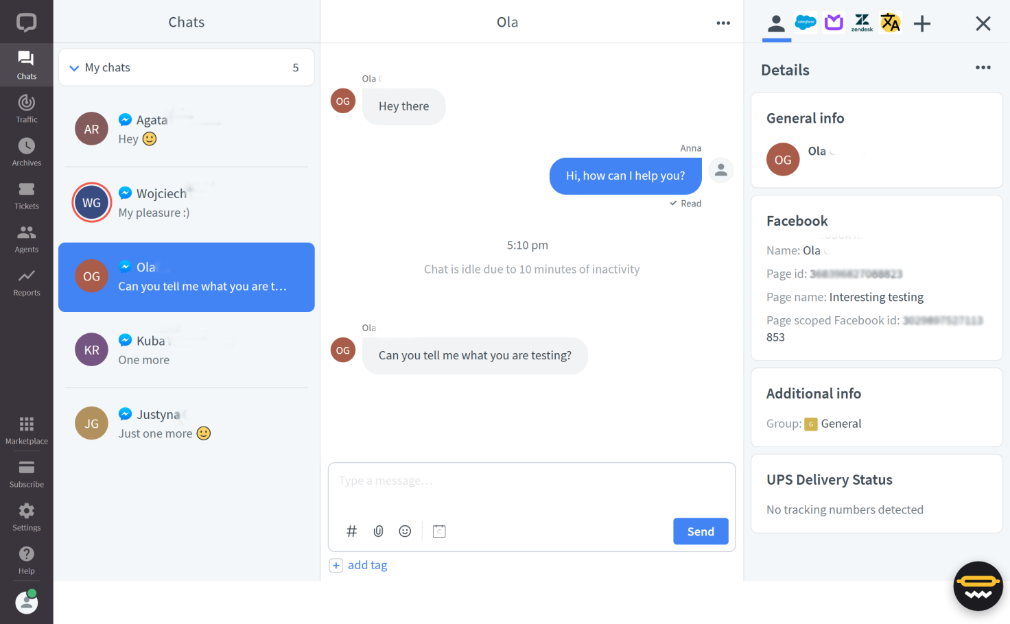 Chat section view with a number of chats coming froo Facebook Messenger, which is indicated with the Messenger Icon next to customers' names.