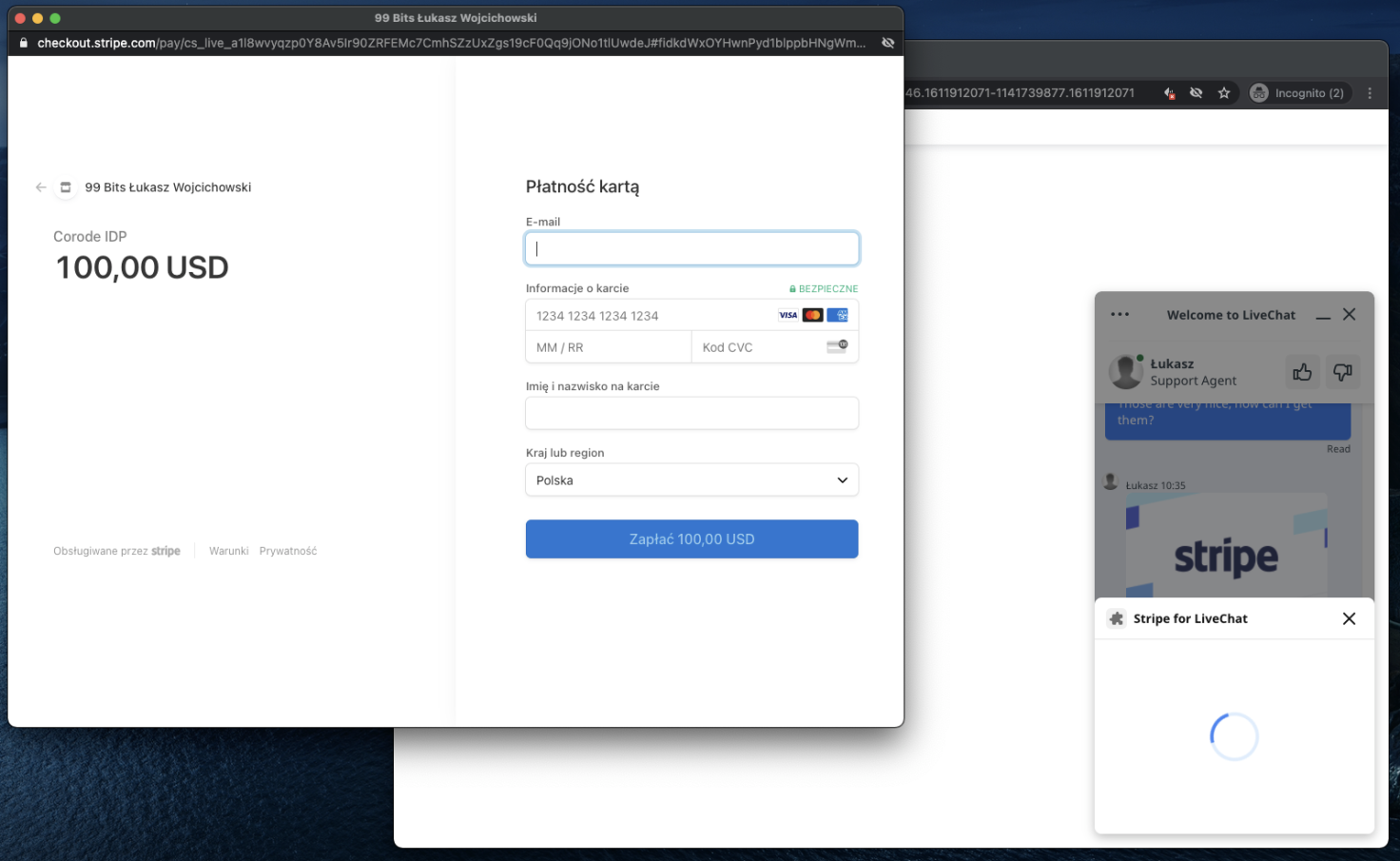Customer's view with the Stripe pop-up opened from the chat widget.