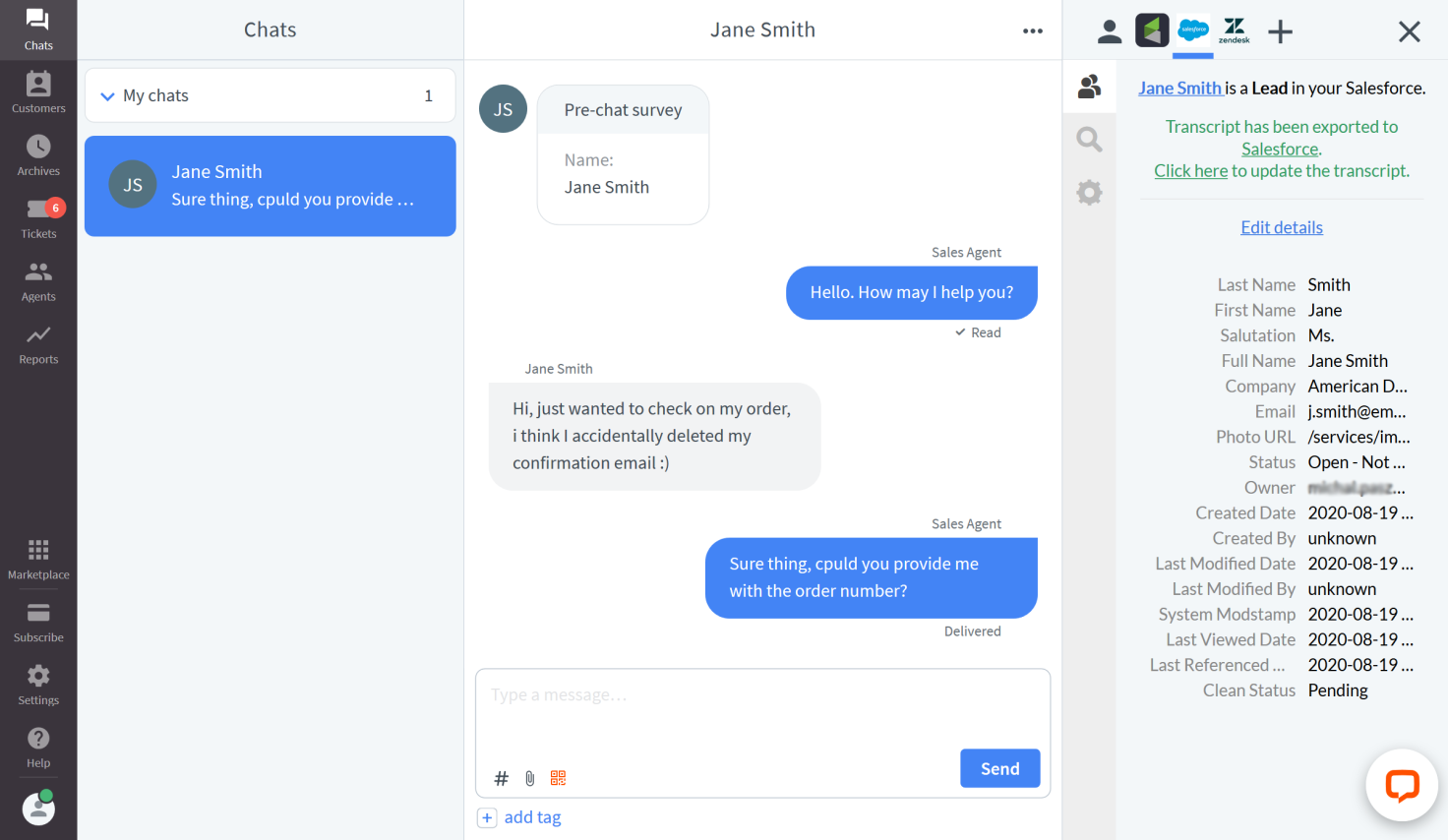 Chat section with the customer's details from Salesforce visible in the Details section on the right-hand side.