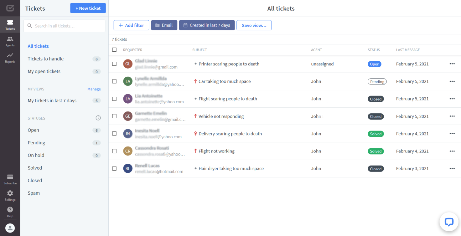HelpDesk.com view of a list of tickets with variuos statuses: Open, Pending, Solved and Closed.