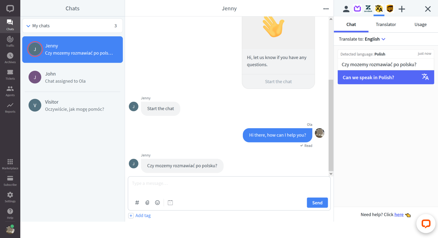 Chat section view with customer's message in Polish and the translator widget open.