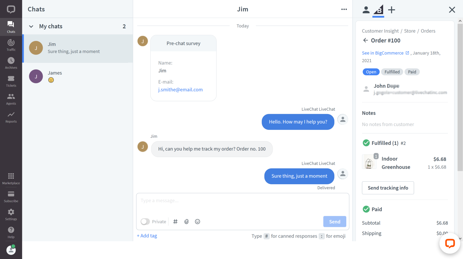 Order history view in the LiveChat Agent app