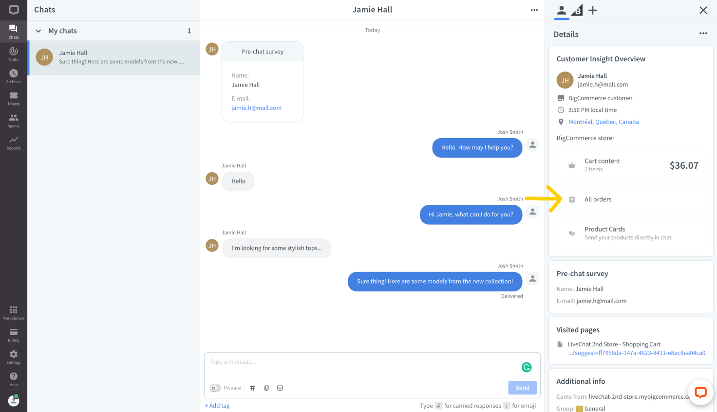 All orders view view in the LiveChat Agent app