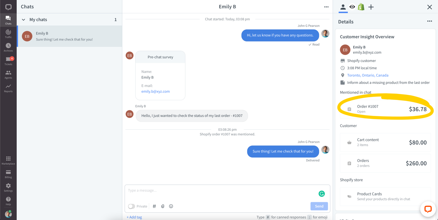 Customer's Details with the oreder mentioned by the customer in chat.