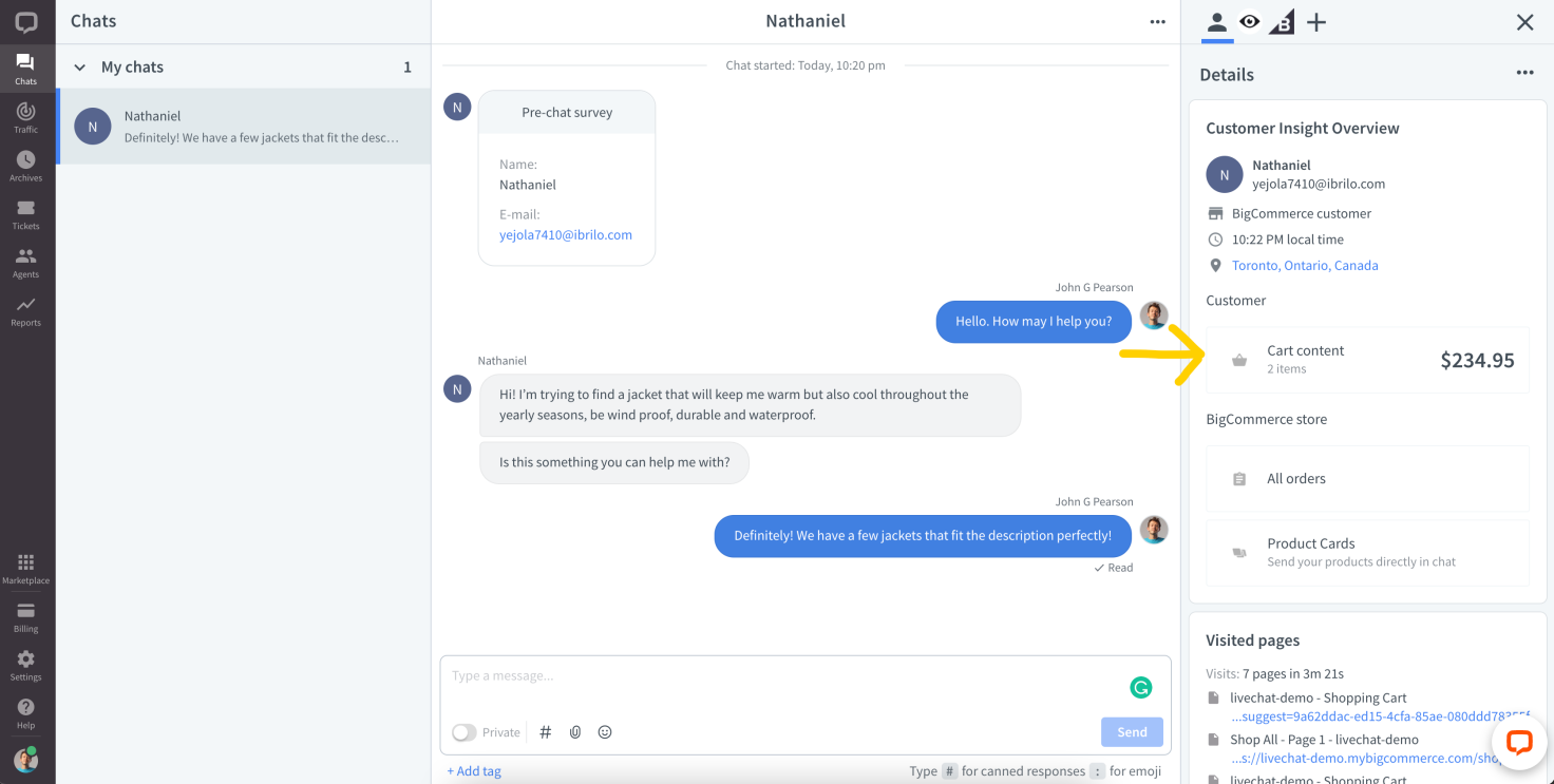 Customer's cart view in the LiveChat Agent app