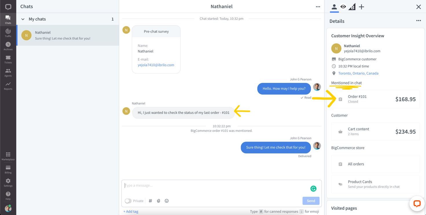 Orders view view in the LiveChat Agent app
