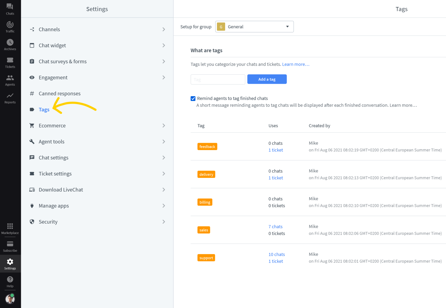 Create a tag in LiveChat