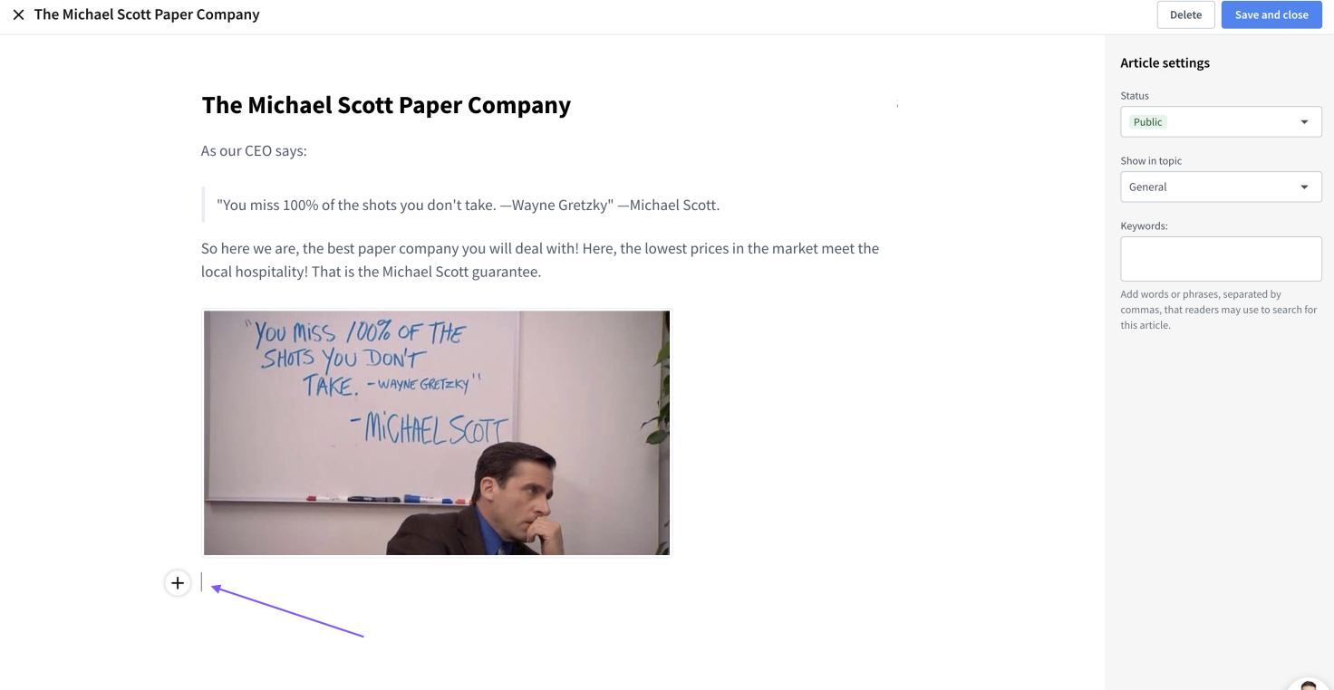 KnowledgeBase-rich-media-insert-button Knowledge Base rich media insert button pointed by an arrow on an example help center article