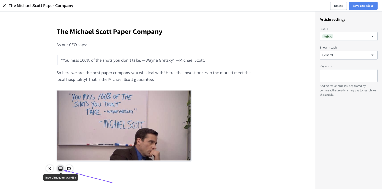 KnowledgeBase-rich-media-insert-button KnowledgeBase rich media insert button pointed by an arrow on an example help center article
