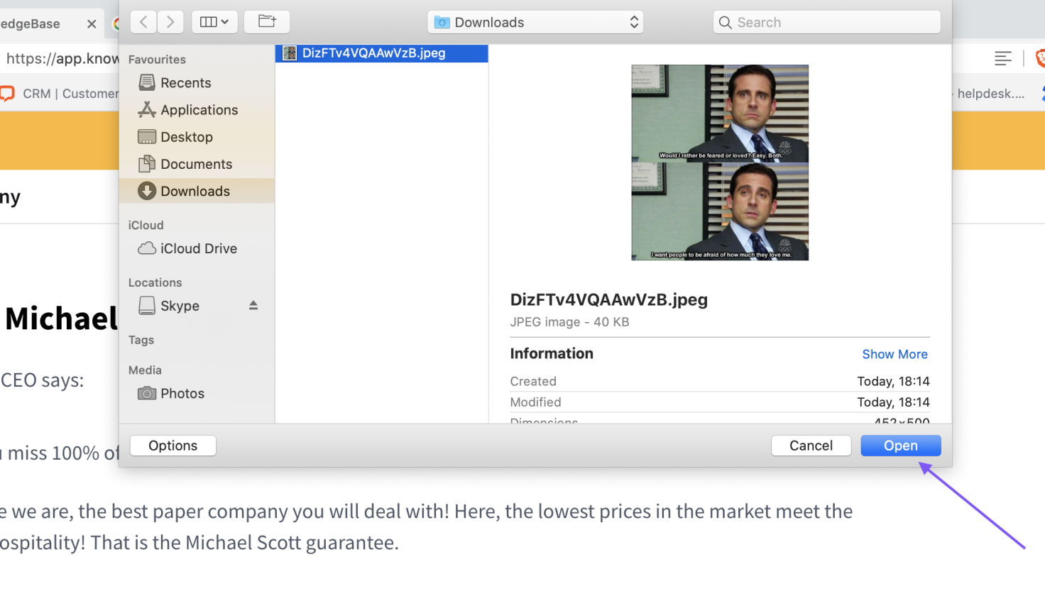 KnowledgeBase-upload-image-from-your-desktop An image file being uploaded from a desktop to a knowledge base article