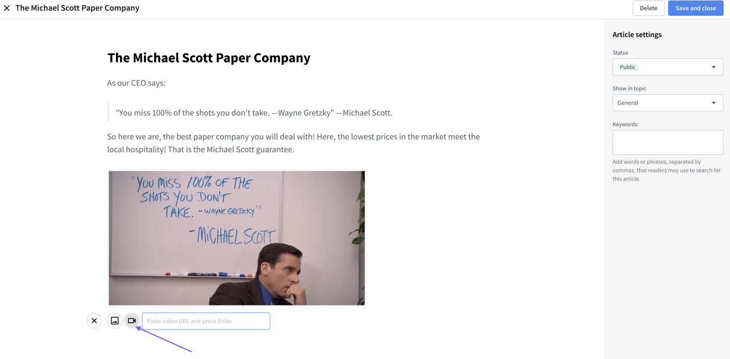 Knowledge-Base-video-upload-button Knowledge Base video upload button pointed by an arrow on an example help center article