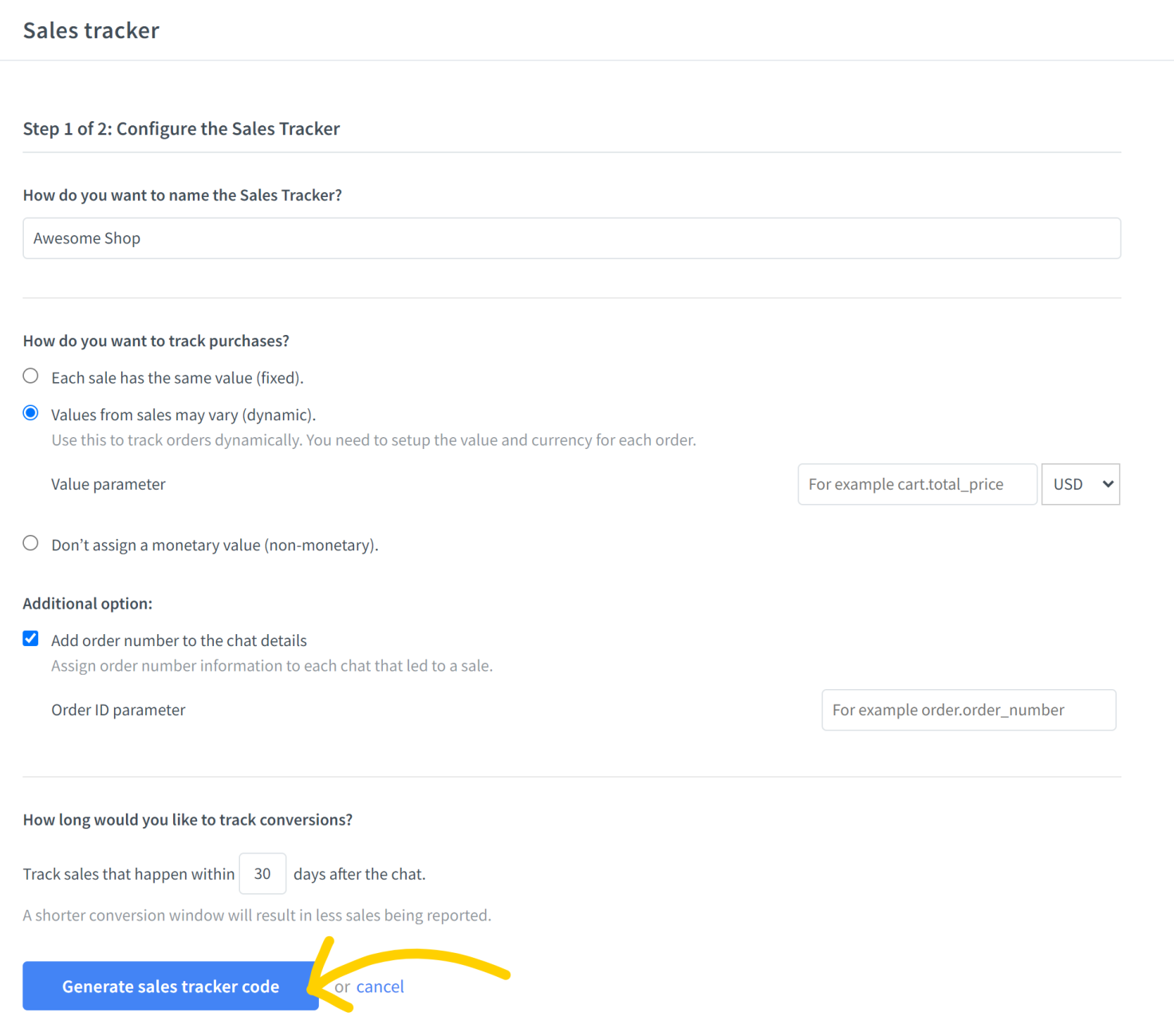 Generating the tracker code for the LiveChat Sales Tracker
