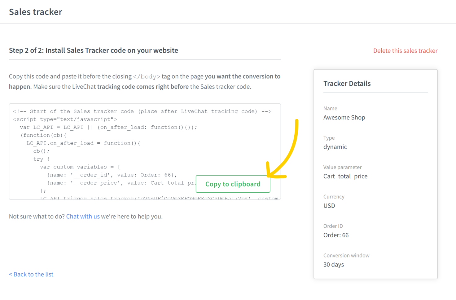 Getting the tracker code for the LiveChat Sales Tracker