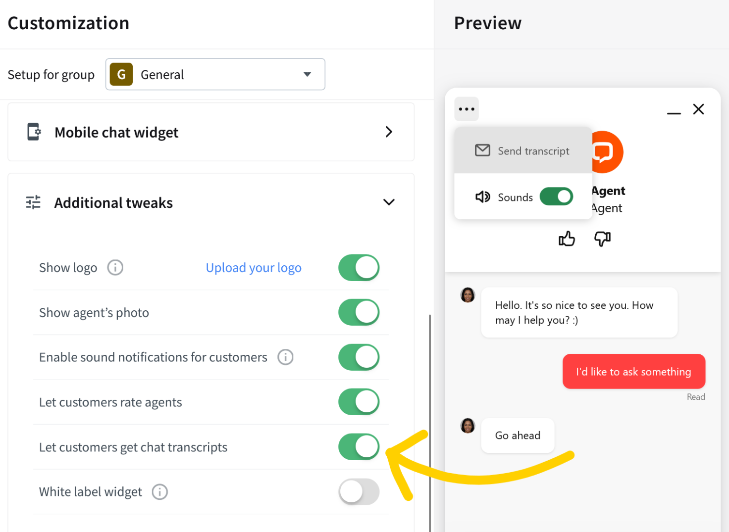 LiveChat HIPAA compliant: disable the Let your customer receive a chat transcript