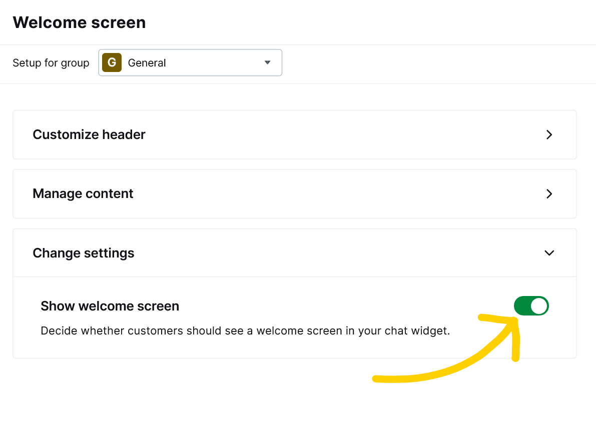 Enable-or-disable-the-Welcome-Screen Yellow arrow pointing to a toggle switch assigned to the "Show welcome screen" setting.
