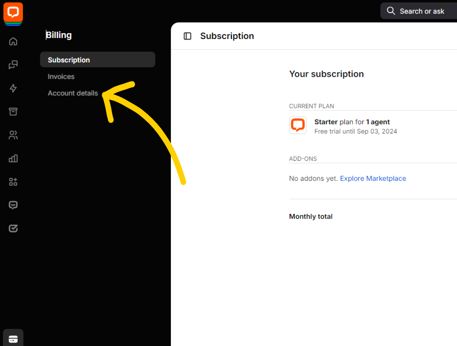 Selecting Account details tab in LiveChat