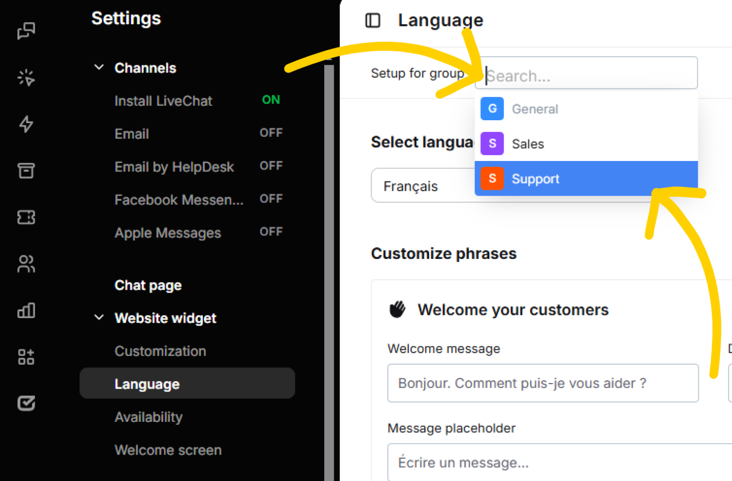 Change the chat widget language for a group