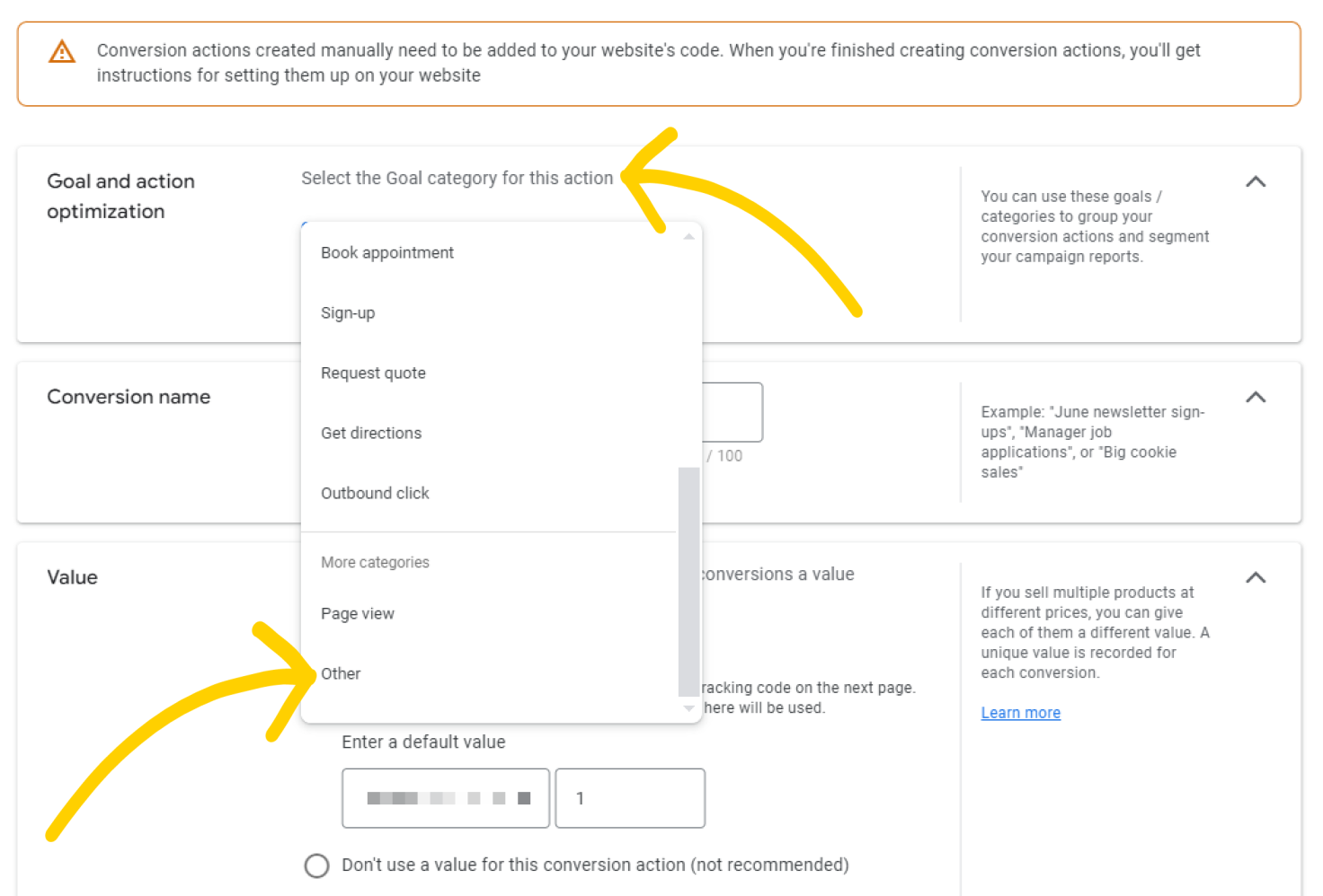 Arrows-pointing-out-which-goal-category-to-pick-for-the-Google-Ads-conversions-tracking