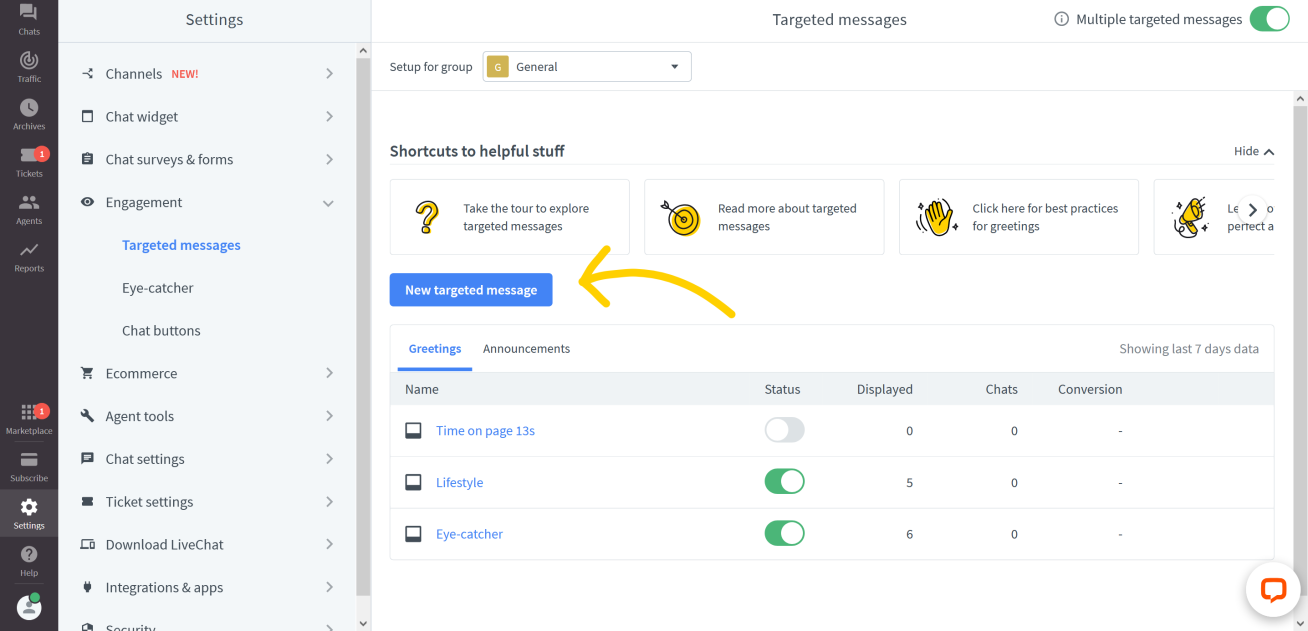 Create new targeted message The view of the LiveChat Agent app, open on Settings, Engagement, Targeted messages.