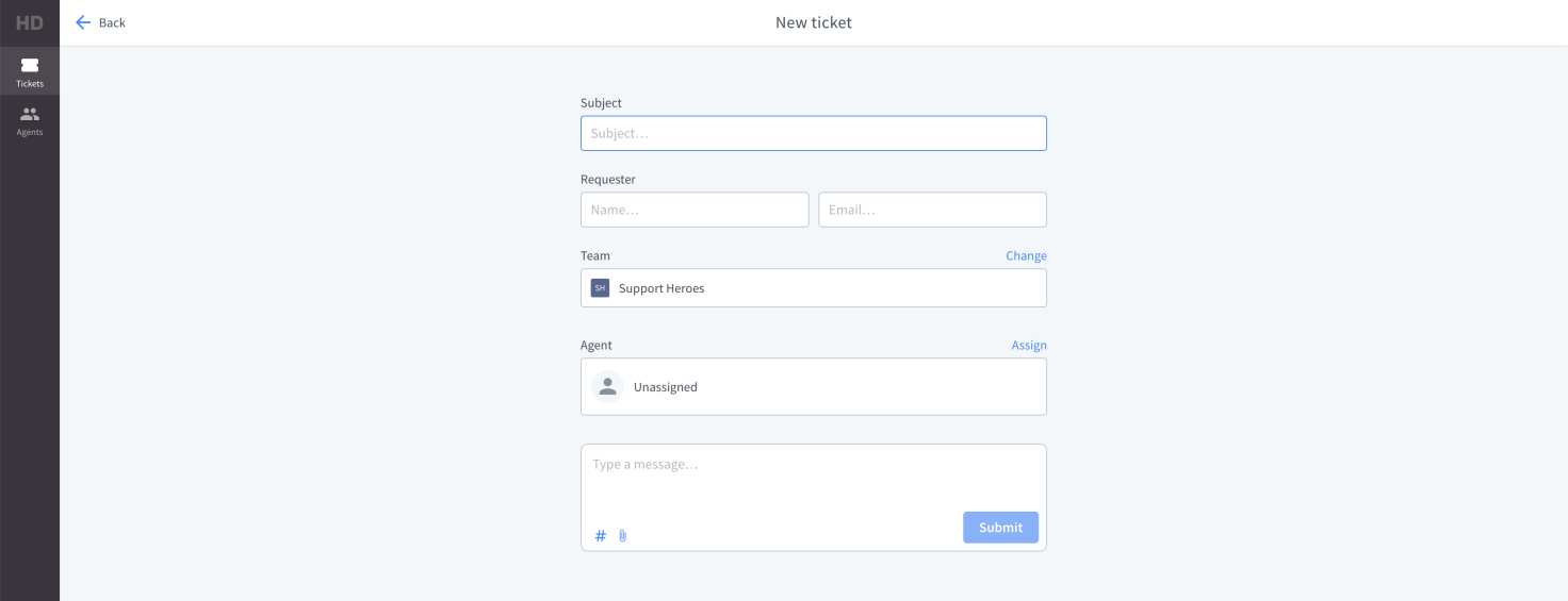 The “New ticket” view in the HelpDesk app