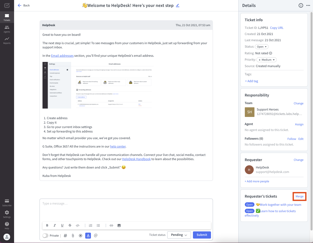 The “Merge” button in HelpDesk.