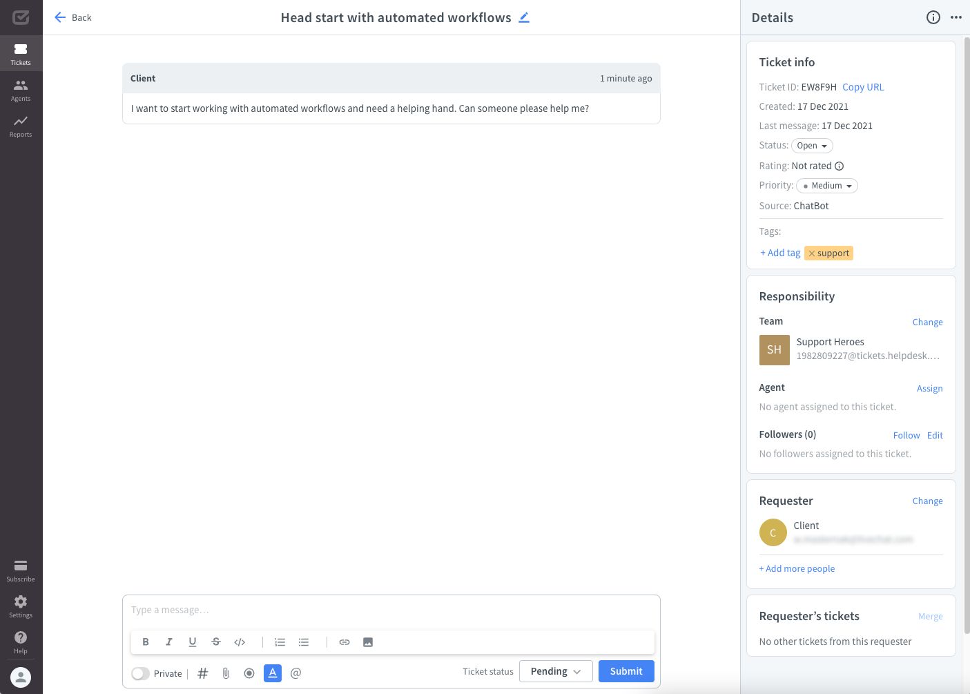 A ticket source pointing to ChatBot as the source.