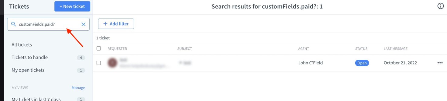 Searching for tickets with the customFields.paid query in the HelpDesk search bar.