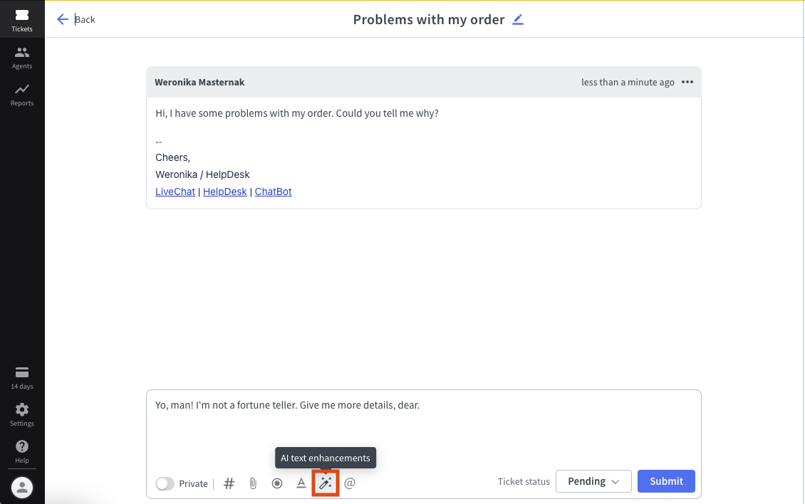Using the “AI text enhancements” button to adjust the text tone.