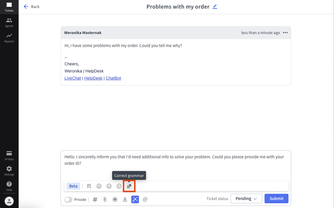 Using the “Correct grammar” option in HelpDesk.
