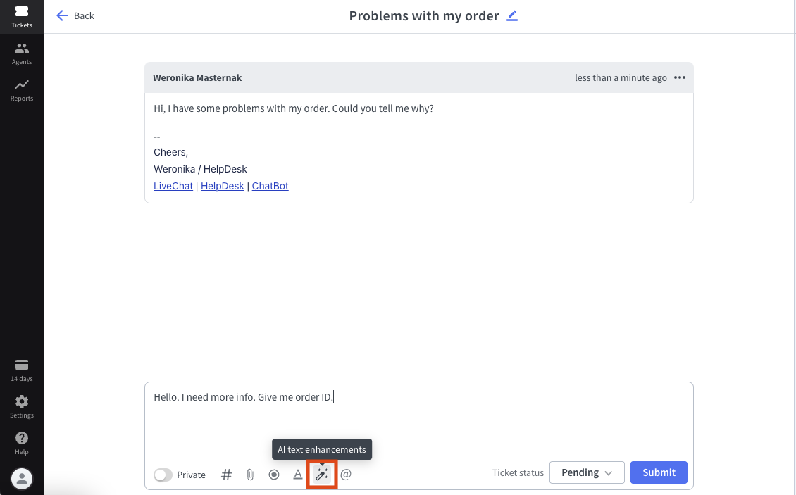 Using the “AI text enhancements” button to expand the text.