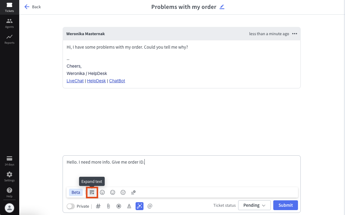 Using the “Expand text” option in HelpDesk.