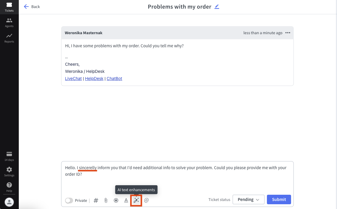 Using the “AI text enhancements” button to correct the text.