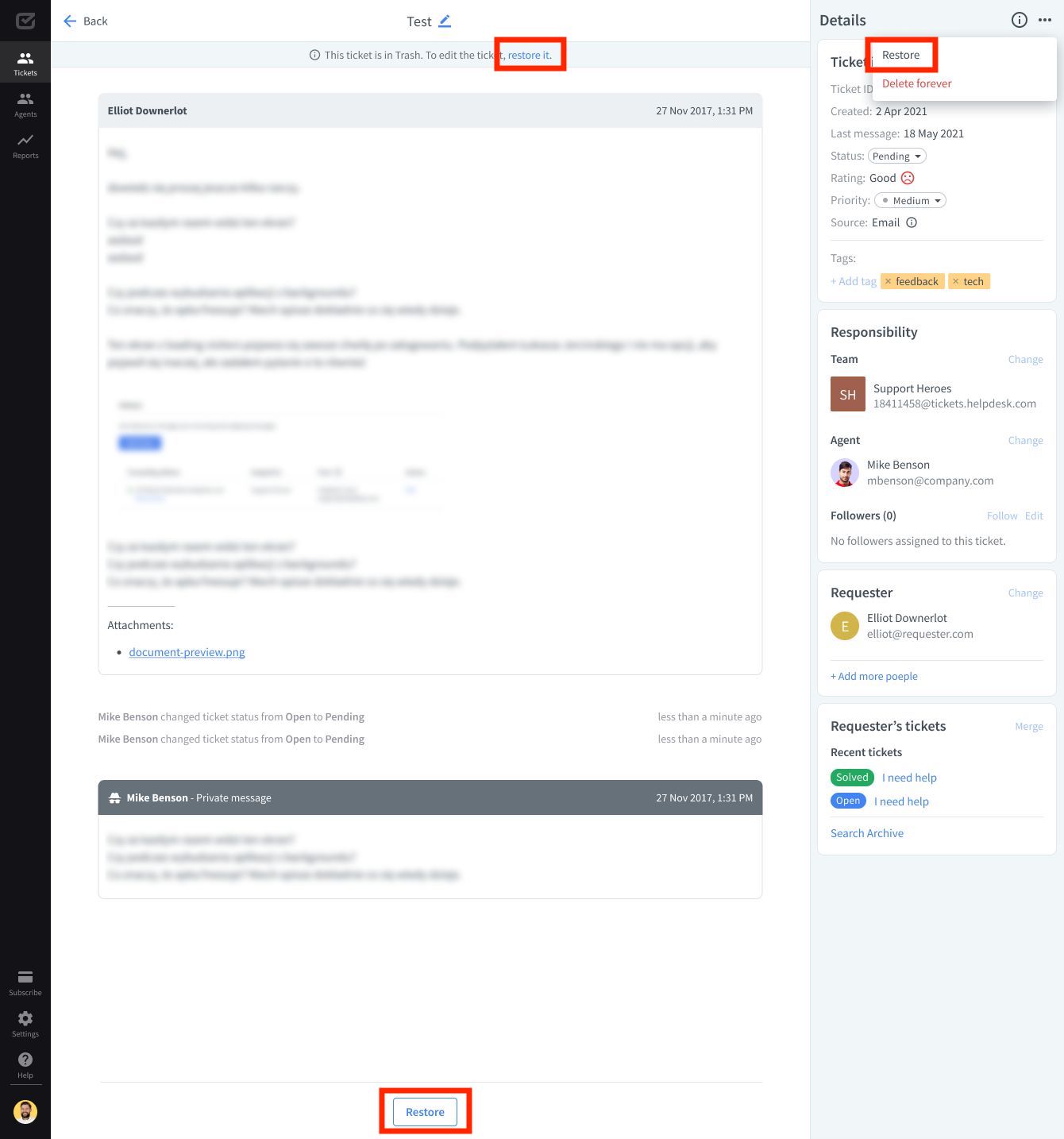 Restoring a ticket from the Trash in HelpDesk.