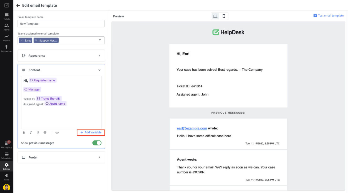 Variables in the email template builder in HelpDesk