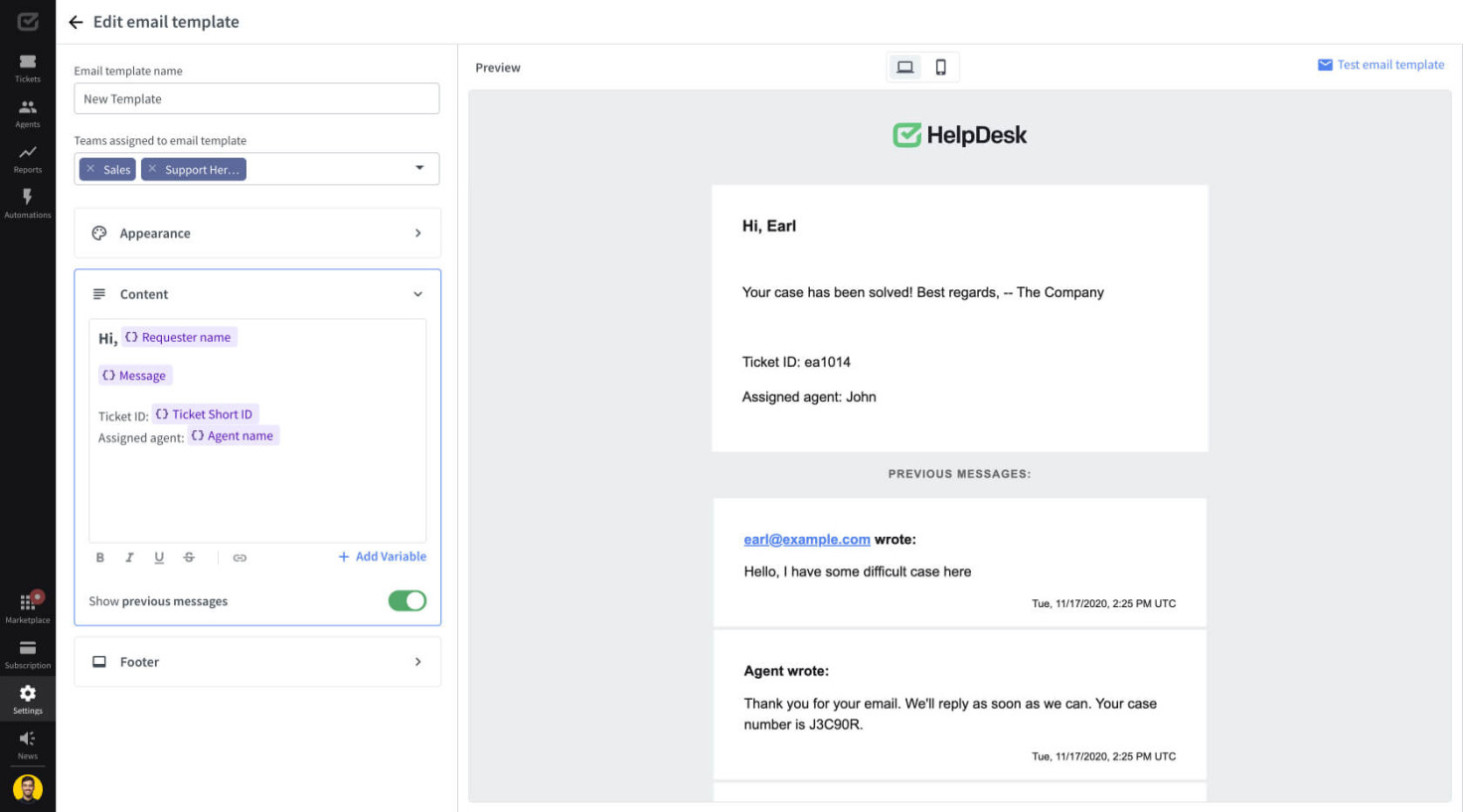 “Content” settings in the HelpDesk email template