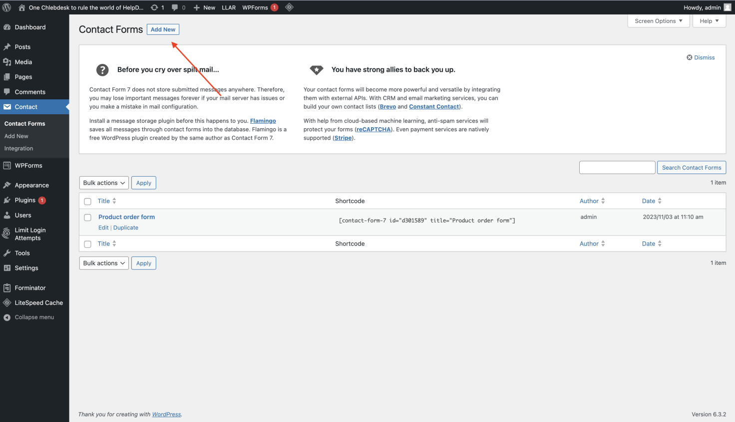 Adding a new contact form by clicking the “Add New” button.
