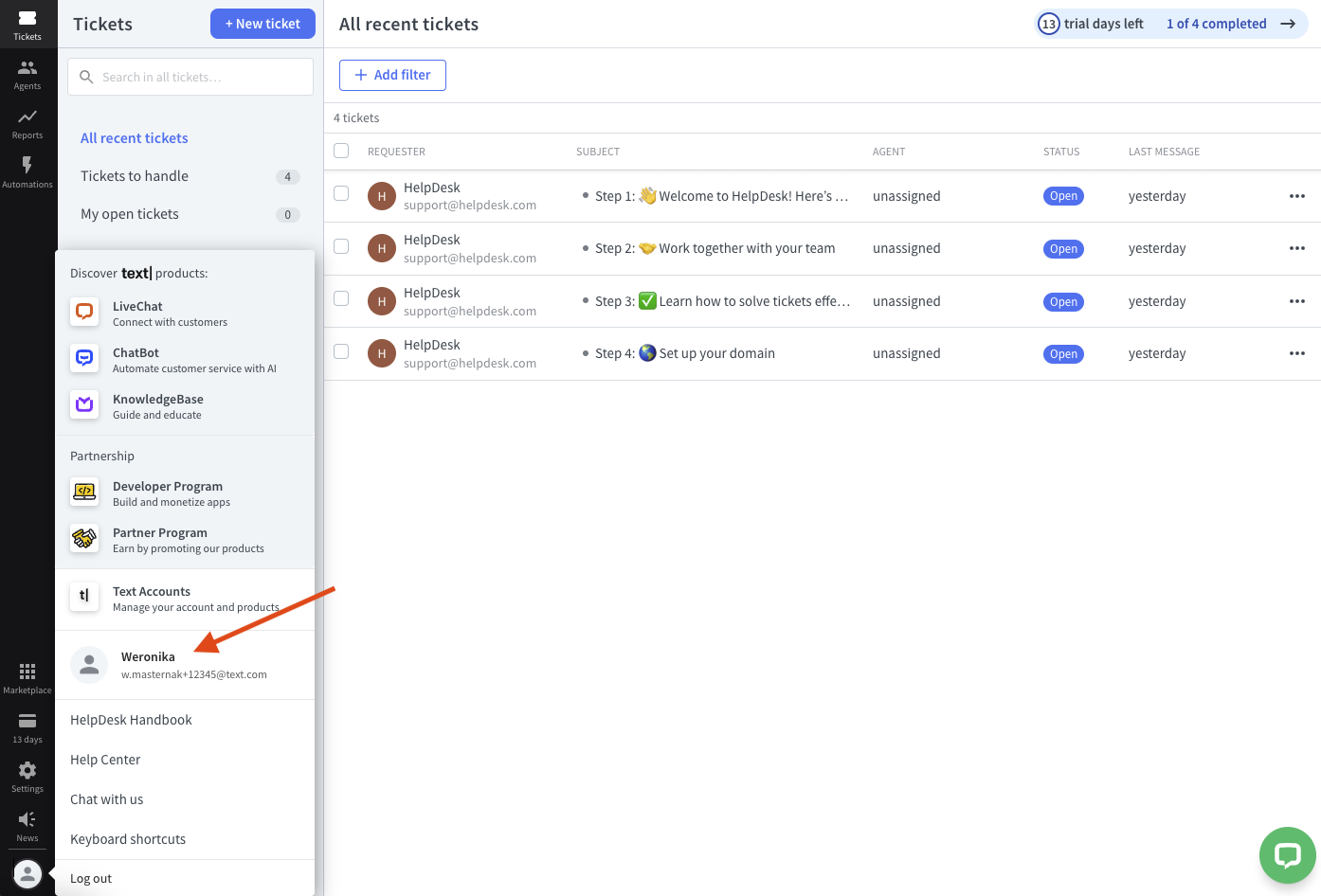 Navigating to the agent's details page in HelpDesk.