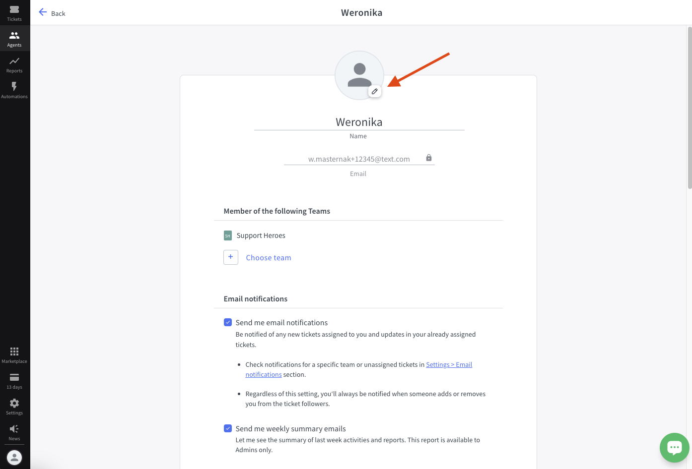 Editing the image in HelpDesk on the agent's details page — selecting the pencil.