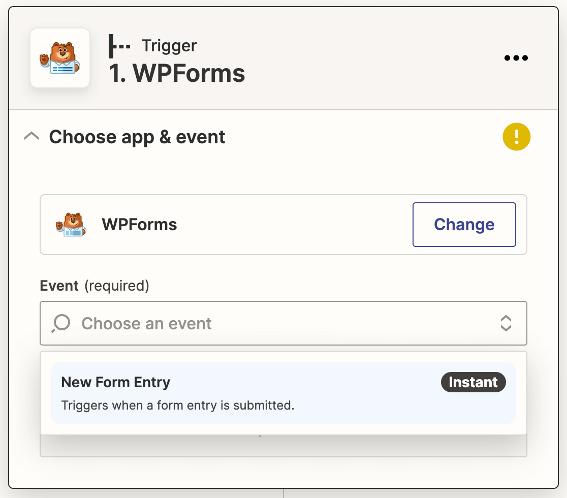 Selecting the “New Form Entry” trigger event for WPForms in Zapier.