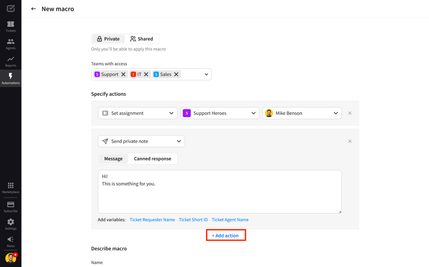 Using the “Add action” button when creating a macro