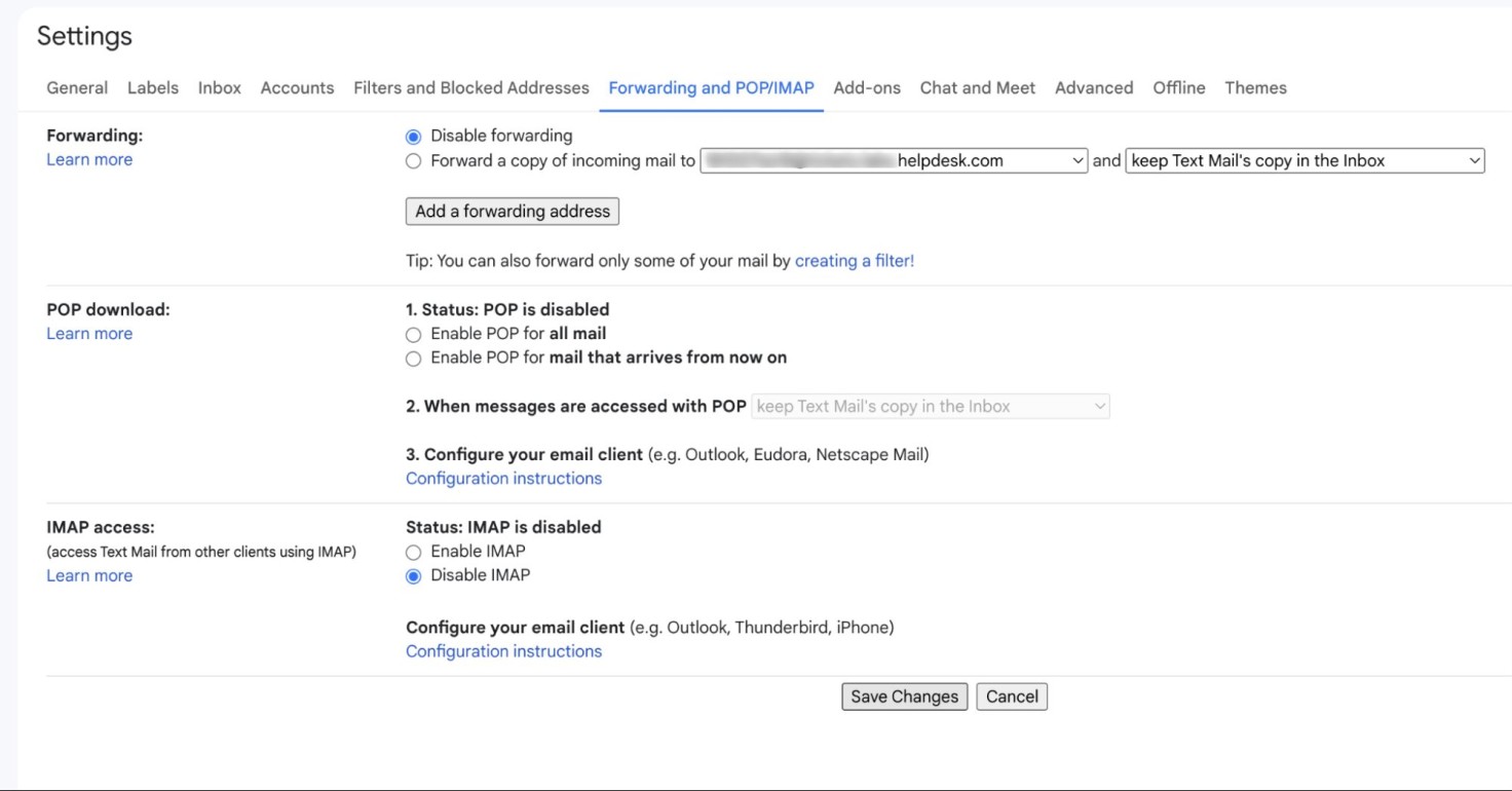 Completion of Gmail/Google Workspace email forwarding in Gmail settings. 