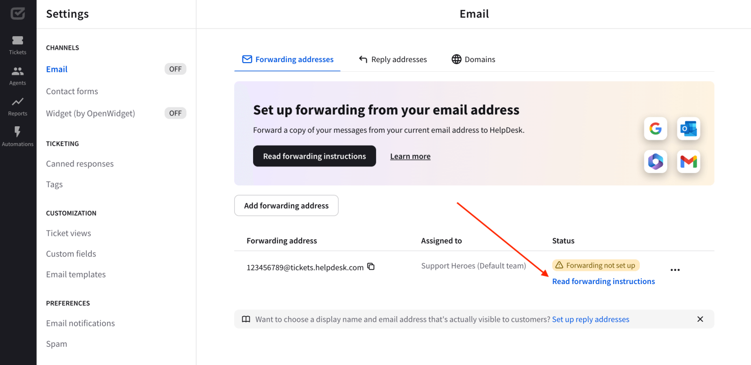 Instructions section in the “Email addresses” section in HelpDesk.
