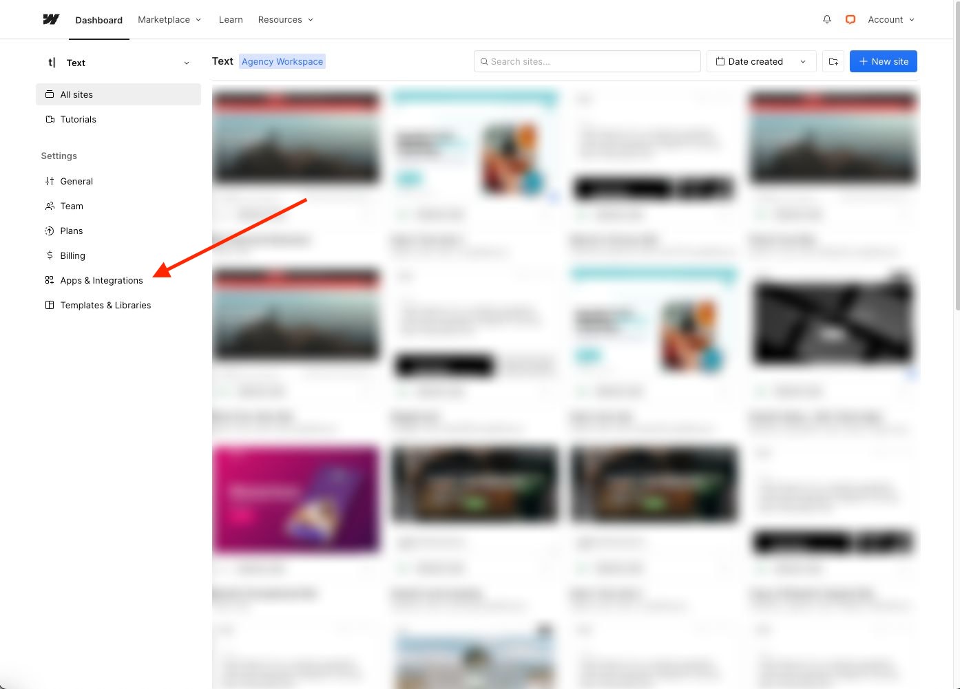Accessing the “Apps & Integration” settings in Webflow.