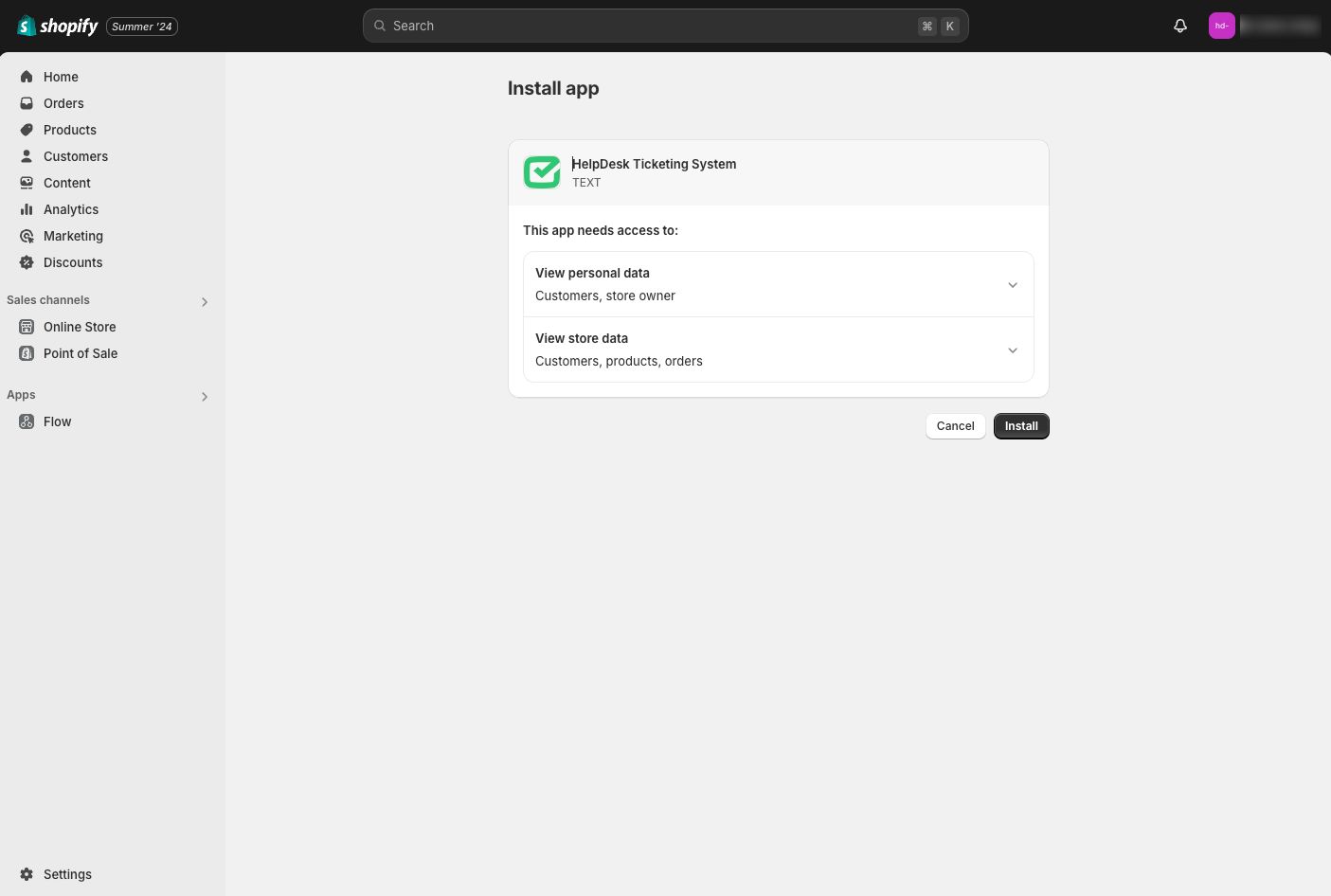 Installing the HelpDesk Ticketing System app for the selected Shopify store.