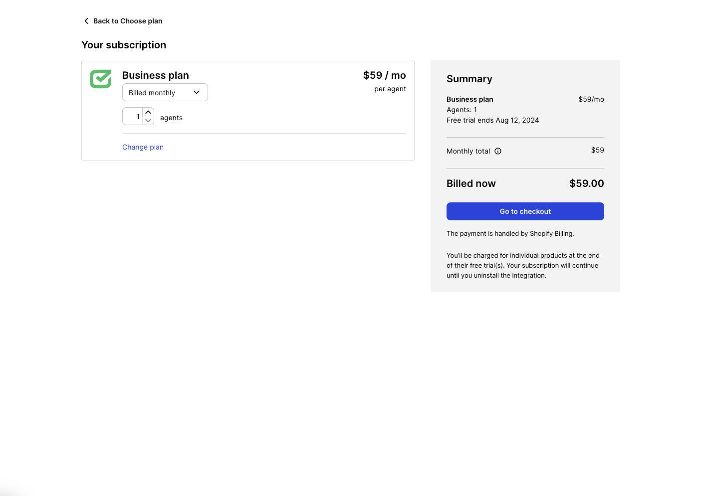 Available HelpDesk plans shown after logging in to your Shopify account.