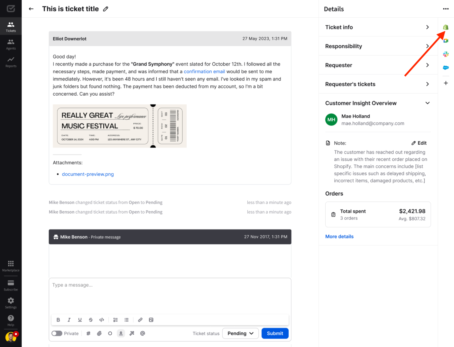 HelpDesk ticket, including Shopify information.